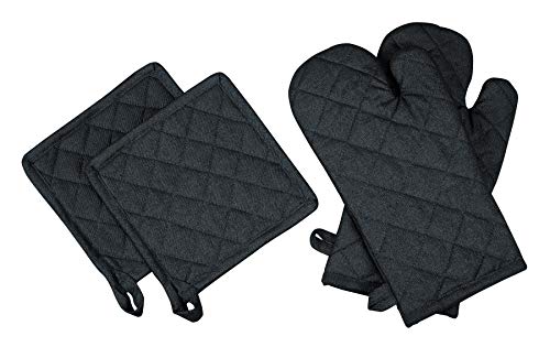 Native Fab Farmhouse Oven Mitts and Pot Holders Set of 4, Heat Resistant Non-Slip Machine Washable, 100% Cotton Kitchen Pot Holders Oven Mitts Sets Black