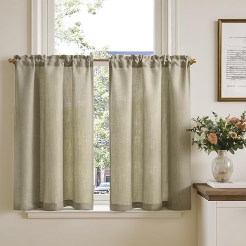 TOPICK Linen Optics Beige Kitchen Curtains 36 Inch Drop Small Cafe Curtains Light Filtering Curtain Tiers for Bathroom Sink Cupboard Rod Pocket 2 Panels — image 1