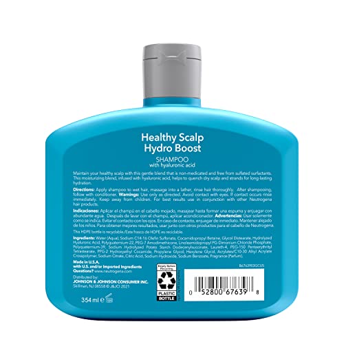 NEUTROGENA MOISTURIZING HEALTHY SCALP HYDRO BOOST SHAMPOO FOR DRY HAIR AND SCALP, WITH HYDRATING HYALURONIC ACID, PH-BALANCED, PARABEN & PHTHALATE-FREE, COLOR-SAFE, 12 FL OZ