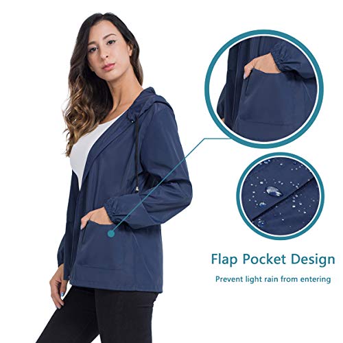Lightweight Waterproof Raincoat, Women Packable Hooded Raincoat Windbreaker Jacket with Pockets M Navy Blue
