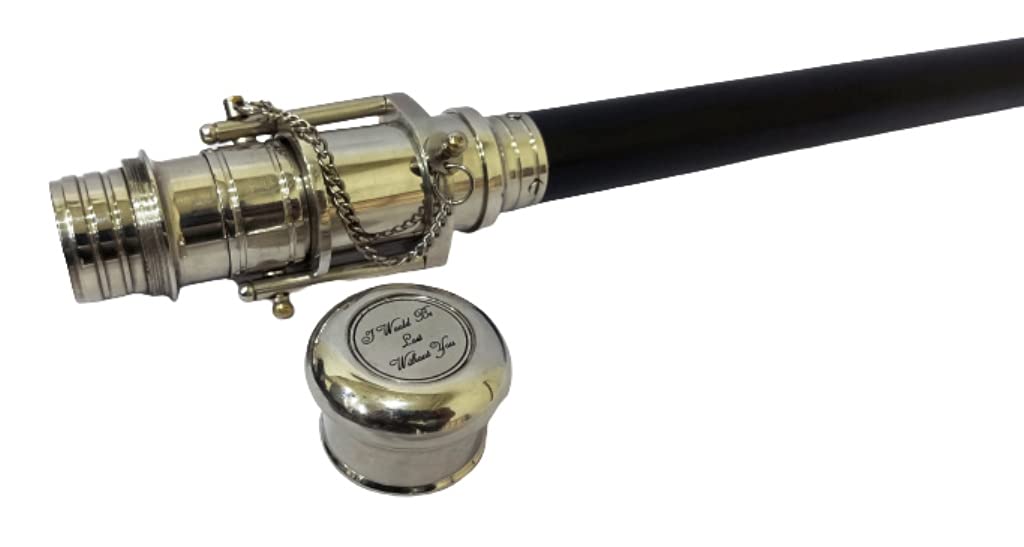 Nautical Wood Cane-Brass Telescope Walking Stick- Hidden Spy Handle Black