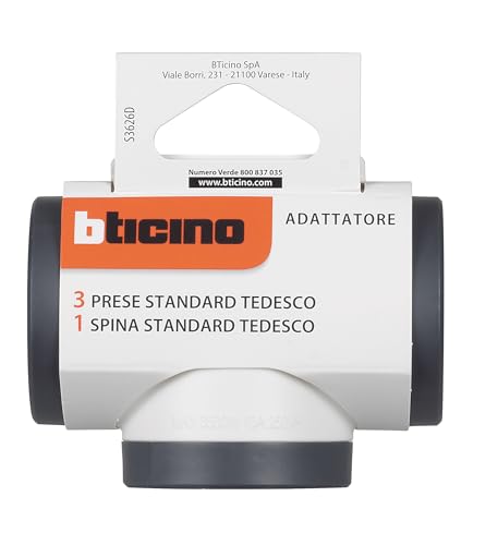 Bticino Adapter S3626D, 3 Schuko sockets, German standard, large plug 16A, multiple socket strip on 3 sides, power up to 3500 W, versatile multiple adapter, space-saving, matt