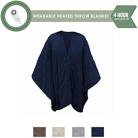 Serta Wearable Brushed Microfleece Electric Heated Snuggler Wrap Throw With 5 Setting Programable Controller, 50 X 60, Navy