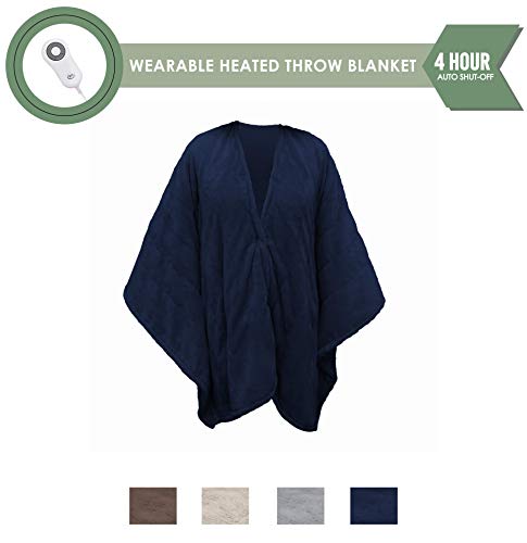 Serta Wearable Brushed Microfleece Electric Heated Snuggler Wrap Throw With 5 Setting Programable Controller, 50 X 60, Navy