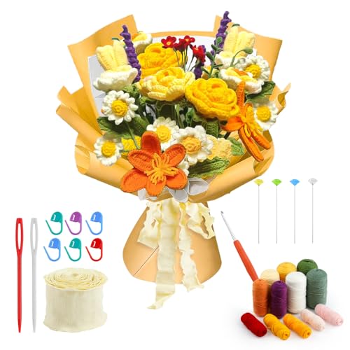 Lesmore Crochet Kit for Beginners, Flower Bouquet Knitting Kit for Beginners Adults Handicraft Enthusiast DIY, Bouquet with Crochet Yarn and Step-by-Step Instructions for Birthday Gifts