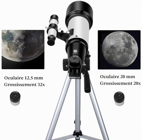 Télescope pour Adultes débutants, Ouverture 70 mm 400 mm AZ Mount Full Multi-Couches Réfracteur Optique Portable Télescope de Voyage avec trépied Adaptateur téléphone (White)