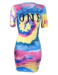 Vestido corto para mujer Tcremisa Vestido con efecto tie dye estampado con cuello en O manga corta Bodycon Party Mini vestido