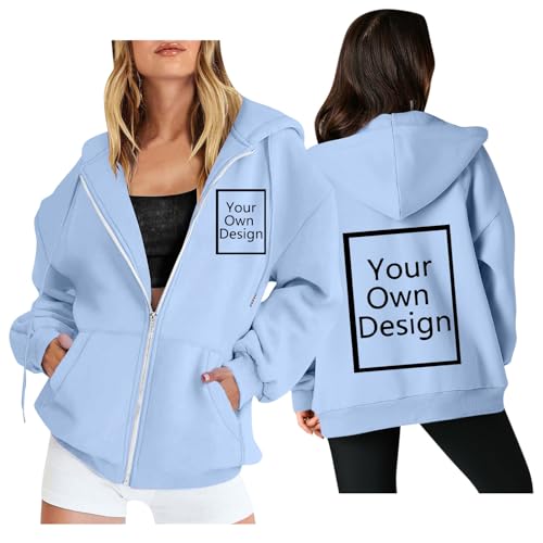 Custom Women Zip Up Hoodie Personalized Hooded Jacket with Logo, Text Photo Casual Full Zip Sweatshirt with Pockets Light Blue L at Amazon