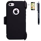 Heavy Duty High Impact Shockproof Dirtproof Hard + Soft Defender Case Cover for Apple iPhone 5c + Belt Clip Holster + Stylus + Screen Protector - Black