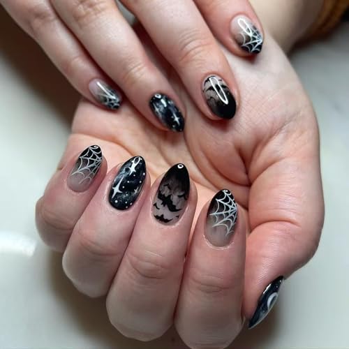 Halloween Black Press on Nails Almond Spider Web Fake Nails Black Gradient Acrylic Nails with Bat Star Moon Designs False Nails Glossy Glue on Nail Short Artificial Stick on Nail for Women Manicure at Amazon