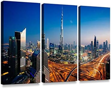 Dubai Sky line with Traffic Junction and Burj Khalifa Print On Canvas Wall Artwork Modern Photography Home Decor Unique Pattern Stretched and Framed 3 Piece