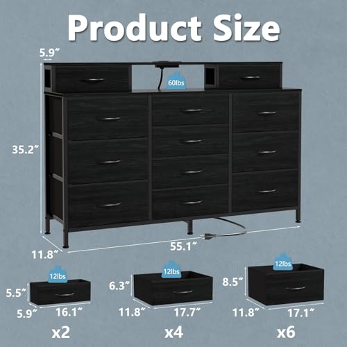 Tocador de dormitorio de 140 cm con toma de corriente, 12 cajones de tela de gran capacidad con 2 estantes, apto para armarios, salones y pasillos, tablero de madera, estructura metálica (negra).