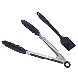Kitchen Tongs And Basting Brush, Stainless Steel Tongs With Silicone Tips 9 Inch & Heat Resistant Silicone Basting Brush 8 Inch