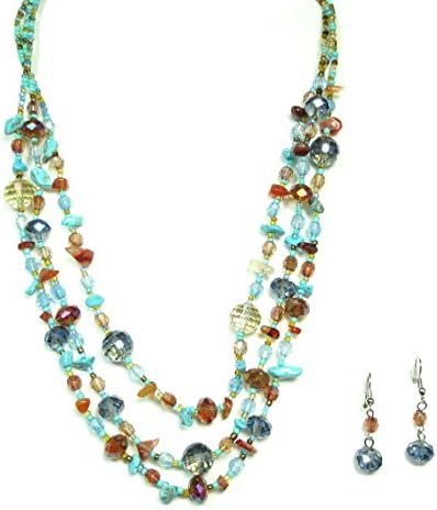 Goldtone 3 Row Blue Glass Crystal Fashion Necklace and Earrings Set (Blue)