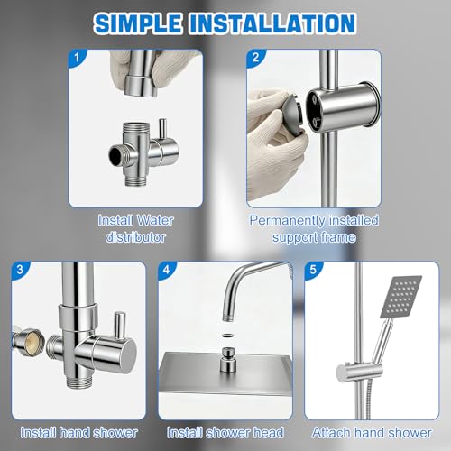 Kezidhp Shower Column without Hydromassage Mixer, Shower Rail with Rain Shower, 30 x 30 cm, Stainless Steel Column, Adjustable Wall Mount