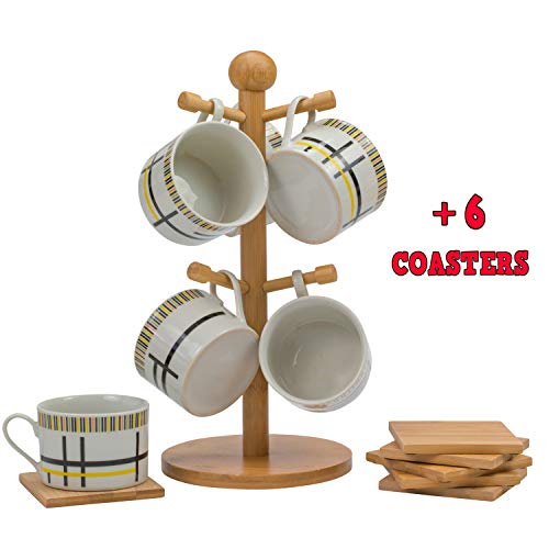 Eless Coffee Mug Rack including 6 Mat Coasters - Organizers and Storage for Kitchen Countertop, Cabinet, Shelf, Tabletop - Great Teacup Display Hanger - 100% Natural Bamboo Drying Mug Rack