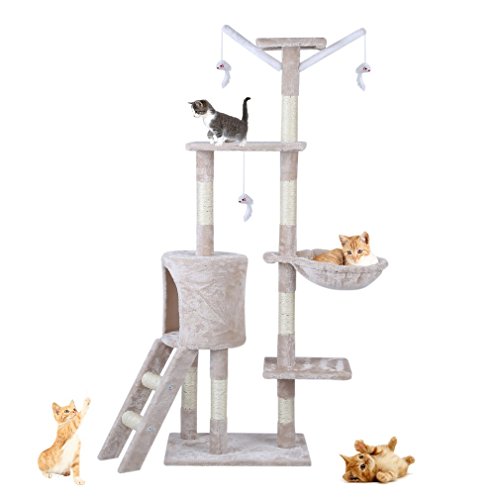 Blackpoolaluk Multi Cat Tree Stable Cat Scratch Posts Function Cat Climbing Tower Toys with Cat Home for Indoor/Outdoor Cats Activity (150cm - Grey)