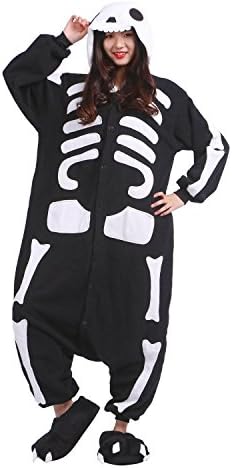PALMFOX Adult Skull Onesie Pajamas Skeleton Cosplay Halloween Costume Sleepsuit One Piece Plush L