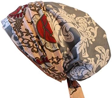 Scrub Hat Chemo Cap European BOHO Banded Pixie Gray Damask Dusty Rose