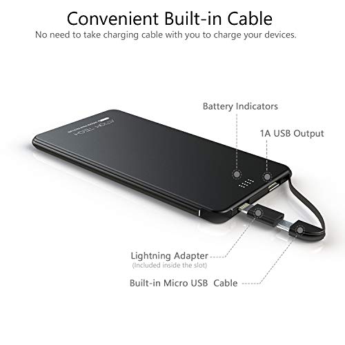 Slim Power Bank Ultra Thin, Attom Tech 5000mAh 1.0A Mini External Phone Battery Pack Small Dual Outlet, Emergency Phone Power Backup with Built-in Charging Cable for Android Micro USB and Apple(Black)