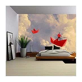 Illustration - Men on Origami Red Paper Boats Floating in The Cloudy Sky,Illustration Painting - Removable Wall Mural | Self-Adhesive Large Wallpaper - 66x96 inches