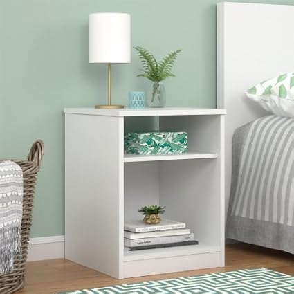 Amazon Com Mainstays Nightstand Features Open Top Shelf And Bottom Cubby No Usb White Kitchen Dining