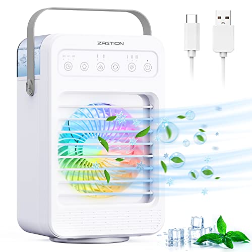 ZASTION Climatiseur Portable, 4 en 1 Refroidisseur d'air, Climatiseur Mobile Silencieux, Oscillation à 90 °,4 Vitesses,2 Modes de pulvérisation,minuterie 2/4/6H