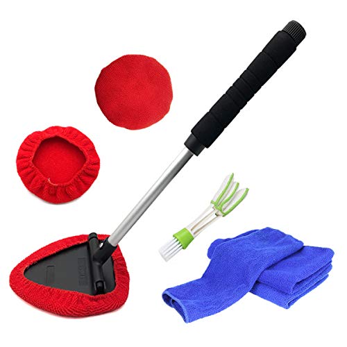 Car Windshield Cleaner Tool Set - Extendable Handle Car Window Windshields Washing Brush with 2 Removable Cloth and 1 Pack Microfiber Cleaning Cloth and 1 Brush
