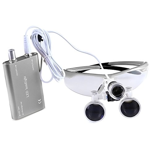 Mike-Dental Portable Dental Surgical Binocular Loupes Optical Glass 3.5X-R With Head LED Light Lamp (Silver)