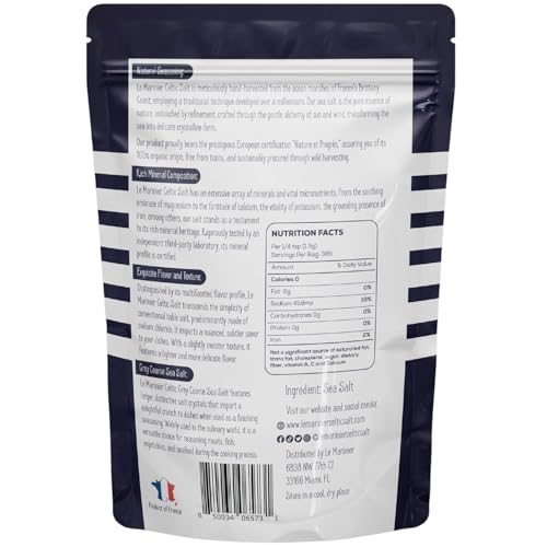 Le Marinier Celtic Salt Organic Grey Coarse, 1.1lb - 18oz. Mineral Rich 100% Natural and Unrefined French Sea Salt Organic. Hand Harvested Mineral Sea Salt, Sel Gris (1.1lb Grey Coarse)