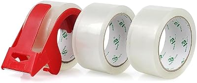 BOMEI PACK 3 Rolls Clear Box Tape 48mm x 66m with 2" Red Dispenser