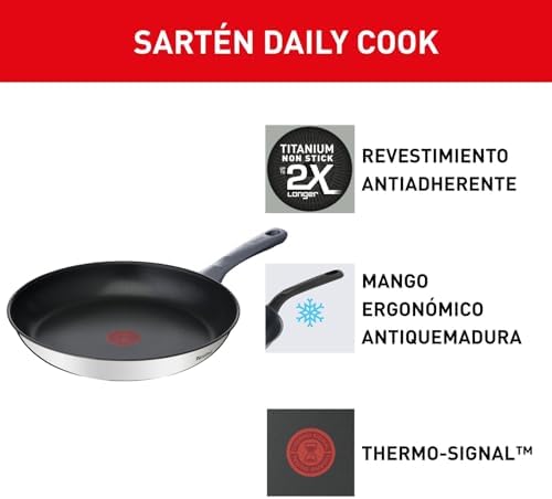 Tefal daily cook - frigideira baixa com revestimento forte, durável e seguro, thermo-signal, cabo ergonômico anti-queimadura, adequada para todos os tipos de fogões, pfoa, sem chumbo e cádmio, frigideira 30 cm