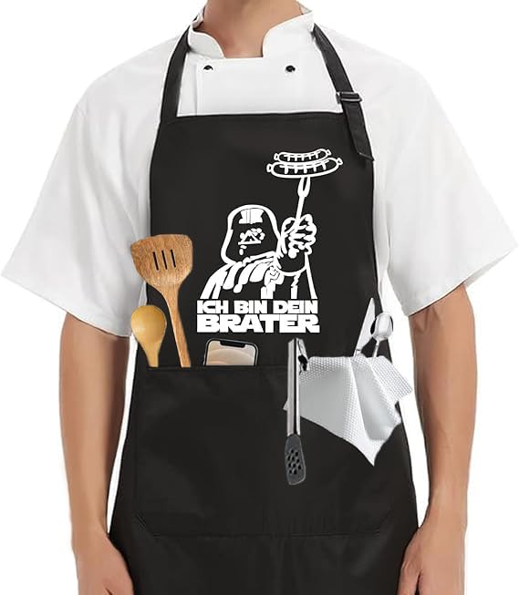 GUOYOU Kitchen Apron with 2 Pockets, Unisex Black Adjustable Chef Apron, Oil Stain Resistant Chef Apron for Men Women, Cooking Apron, for Home Kitchen, Restaurants, BBQ, Coffee Houses