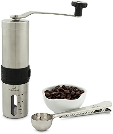 Best Manual Coffee Grinder by MyCoffeeAura | Conical Burr Mill for 100% Consistent Precision Bean Grinding | Free Scoop &amp; Hand Grip | Premium Adjustable Ceramic Burr Hand Coffee Grinder