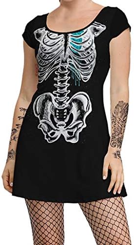 charmsamx Womens T-Shirt Dress Short Sleeves Casual Midi Halloween Dress Skeleton O Neck Fashion Party Dress for Halloween Party Costume Dress A-Line Casual Floral Print Swing Midi Dress