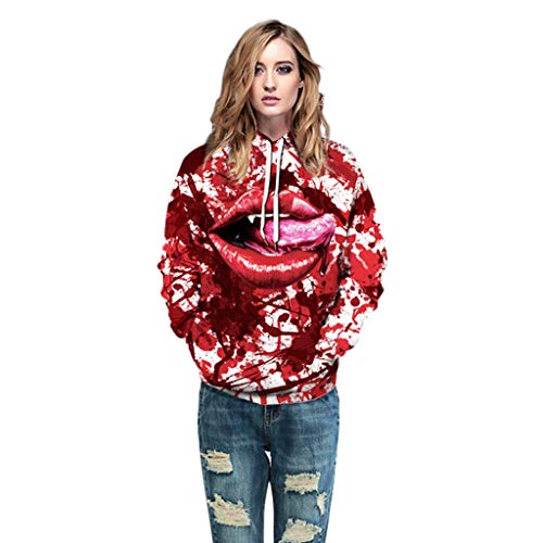 Jessie storee Helloween Hooded Sweatshirt Blood Drops Evil Eyes Red Lips Print Pullover Hoodie Women Men Couples Unisex Horror Clothing Large Size Sweater Loose Baseball Uniform Tide,G, XL