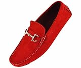 Amali Mens Red Microfiber Driving Loafer Shoes with Silver Horsebit Ornament: Style Norwalk-005