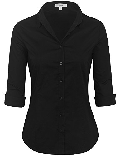 KOGMO Womens Classic Solid 3/4 Sleeve Button Down Blouse Dress Shirt (S-3X)-XL-Black - Thumbnail 7