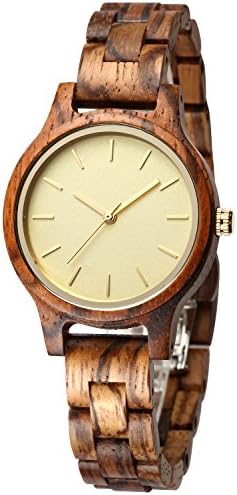 LEFTLY Womens Wooden Watch Ladies Analog Quartz Movement Gold Dial Lightweight Dress Wrist Watches