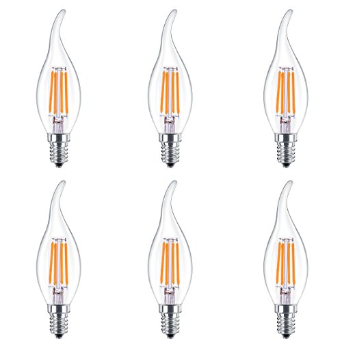 6 Pack 4W/6WLED Filament Candle Light Bulb, Warm White 2700K, E12 Candelabra Base, Flame Shape Bent Tip 40W Incandescent Equivalent 001