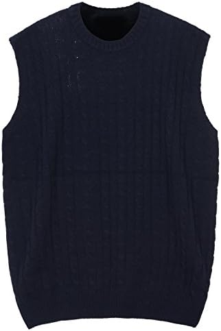 ililily Men Solid Color Cable Knit Sweater Vest Sleeveless Jumper Top , Navy, US-L