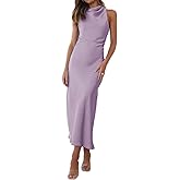 Halfisland Satin High Neck Backless Sleeveless Midi Dresses for Women Elegant Mock Neck High Waist Cross Back Cocktail Dress