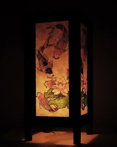 Thai Vintage Handmade Asian Oriental Classic Japanese 3 Lucky Koi Fish Art Bedside Table Light or Floor Wood Paper Lamp Shades Home Bedroom Garden Decor Modern Design from Thailand