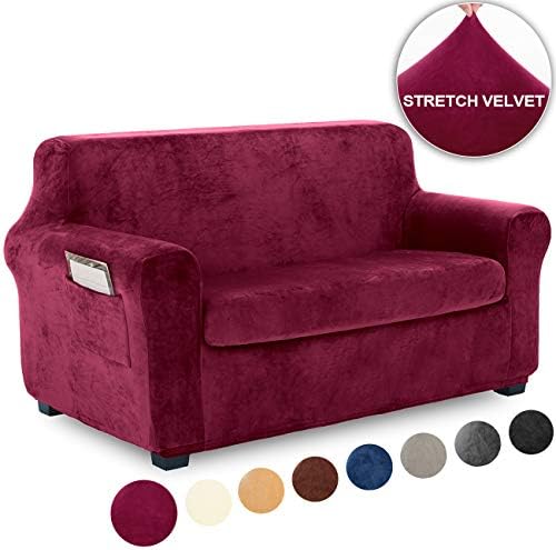 TIANSHU Fleece Slipcover 2 Piece, Velvet Plush Couch Cover for Sofa, Stylish Furniture Covers with Utility Pockets (Loveseat, Burgundy Red)