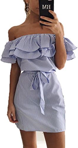 HongKang Ladies' Casual Shoulder Striped Frilly Sleeveless Dress mini woman's fold dress with belts (XL, Blue)