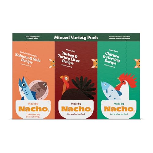 MADE BY NACHO PREMIUM MINCED WET CANNED CAT FOOD WITH HYDRATING BONE BROTH 5.5OZ (12 PACKS) (VARIETY PACK (TURKEY & TURKEY LIVER, CHICKEN & HERRING, AND SALMON & SOLE))