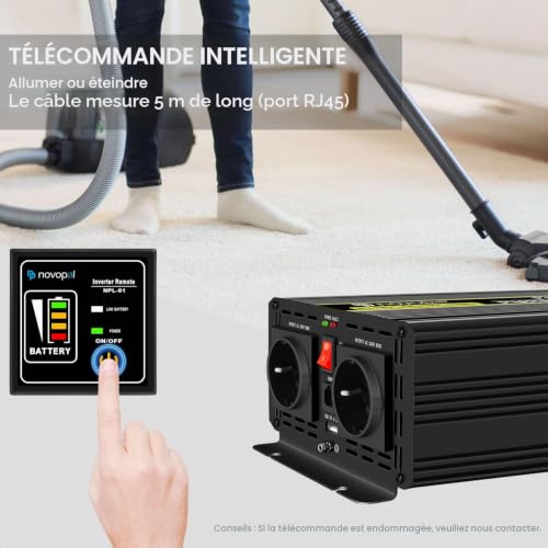 NOVOPAL 3000W Pure Sine Converter 12V 220V 230V Inverter Transformer, 2 EU AC Sockets, 1USB, 5M Remote Control, Suitable for Trucks, Camping, Travel, Cars, Peak Power 6000W