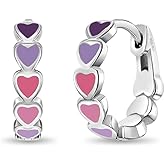 In Season Jewelry Heart Enamel Huggie Girls Hoop Earrings for Kids – 925 Sterling Silver Little Girl Hoop Earrings – Hypoallergenic & Comfortable with Secure Latch Closure