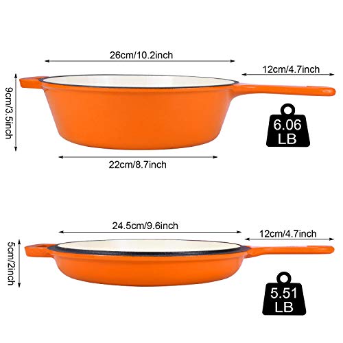 Enameled 2-In-1 Cast Iron Multi-Cooker - Heavy Duty 3.2 Quart Skillet and Lid Set, Versatile Healthy Design, Non-Stick Kitchen Cookware, Use As Dutch Oven Frying Pan (Orange)