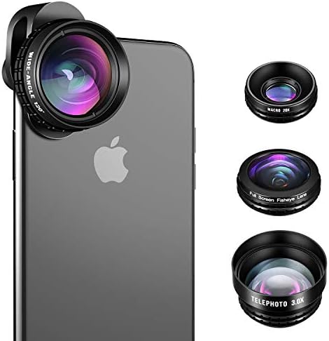 iPhone Camera Lens, SLR Level 4 in 1 HD iPhone Lens Kit, 3.0X Zoom Telephoto Lens, 20X Macro Lens, 120°Wide Angle Lens, 238°Fisheye Lens for iPhone X/8/7/7 Plus/6s/6s Plus/6/5 & Samsung & Smartphones